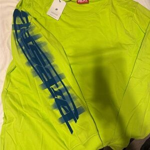 Diesel Neon Yellow Long Sleeve Tee with Blue Sleeve Graphic